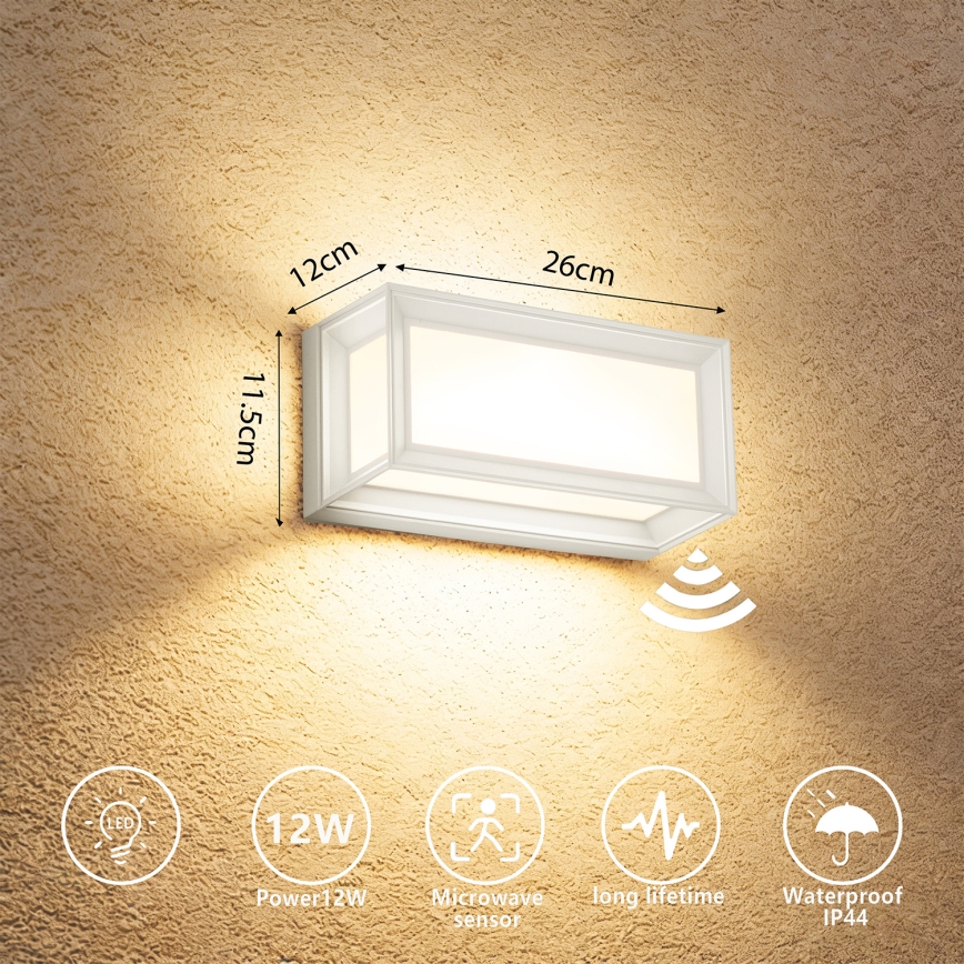 Brilagi - LED zunanja stenska svetilka s senzorjem PARKER LED/12W/230V bela IP44
