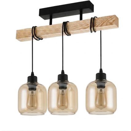 Brilagi - Pritrjen stropni lestenec WOOD GLASS 3xE27/60W/230V bor/črna/dimna rjava