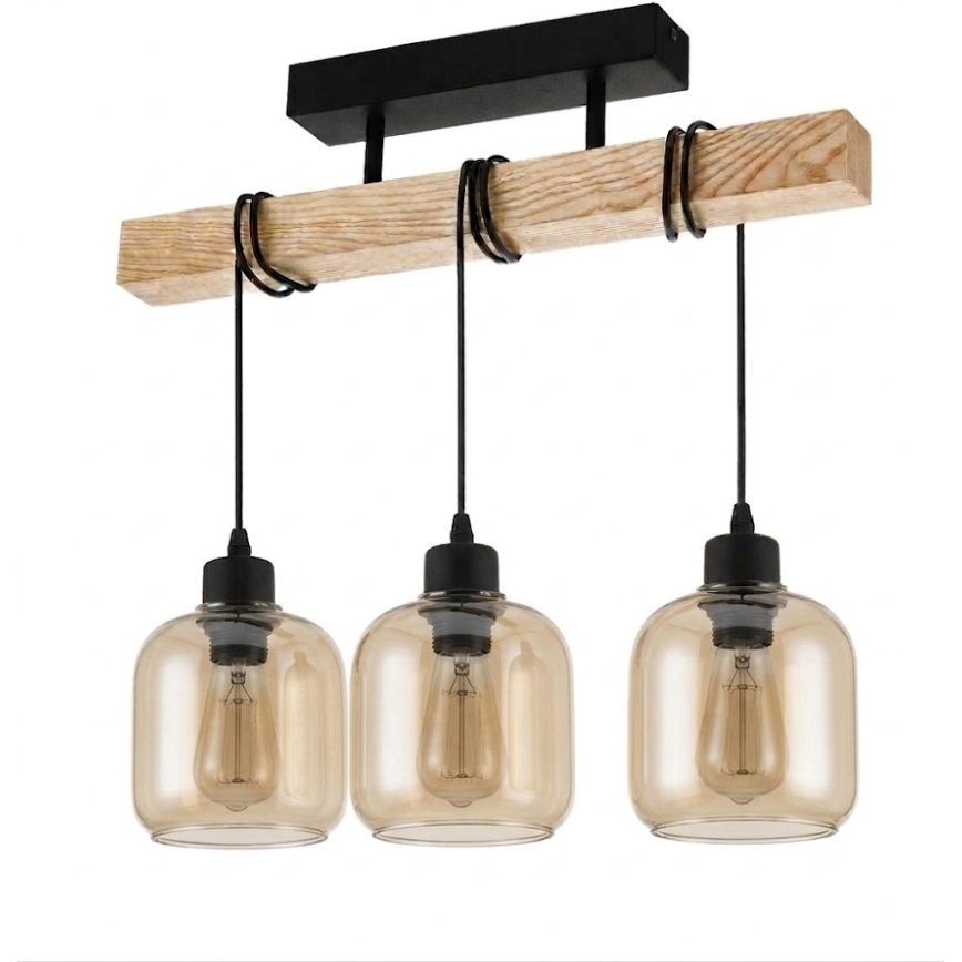Brilagi - Pritrjen stropni lestenec WOOD GLASS 3xE27/60W/230V bor/črna/dimna rjava