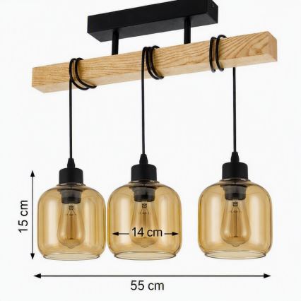 Brilagi - Pritrjen stropni lestenec WOOD GLASS 3xE27/60W/230V bor/črna/dimna rjava