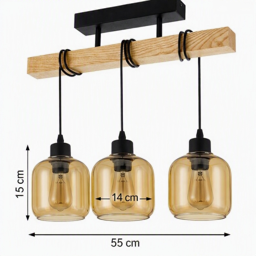 Brilagi - Pritrjen stropni lestenec WOOD GLASS 3xE27/60W/230V bor/črna/dimna rjava
