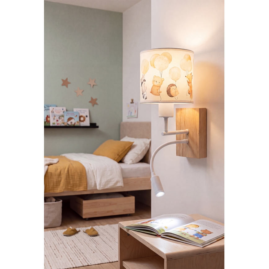 Brilagi - LED otroška fleksibilna stenska svetilka BOBO WOOD 1xE27/25W/230V + LED/3W hrast/bela/živalski motivi