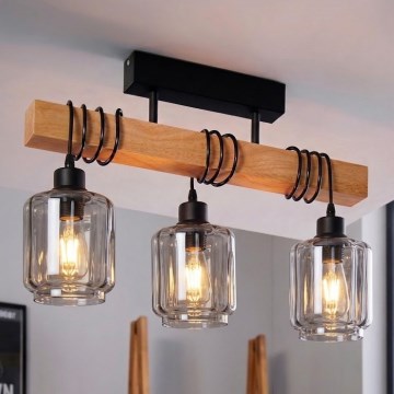 Brilagi - Pritrdilni lestenec WOOD GLASS 3xE27/60W/230V borovina/črna/zadimljeno bež