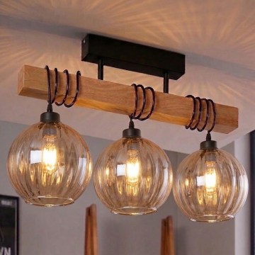 Brilagi - Pritrdjen stropni lestenec WOOD GLASS 3xE27/60W/230V borovica/črna/dimno rjava