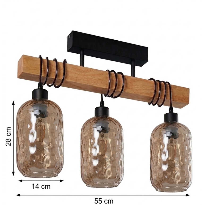Brilagi - Pritrjen lestenec WOOD GLASS 3xE27/60W/230V borovica/črna/dimno rjava
