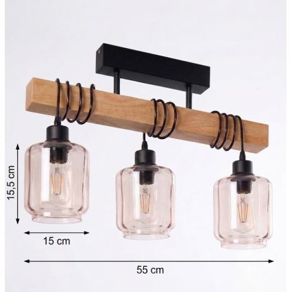 Brilagi - Pritrdilni lestenec WOOD GLASS 3xE27/60W/230V borovina/črna/zadimljeno bež