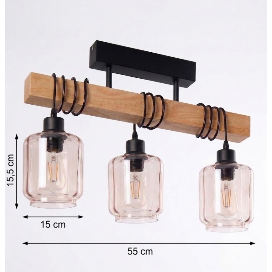 Brilagi - Pritrdilni lestenec WOOD GLASS 3xE27/60W/230V borovina/črna/zadimljeno bež
