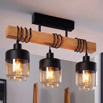 Brilagi - Pritrjen lestenec WOOD GLASS 3xE27/60W/230V borovica/črna/dimna rjava