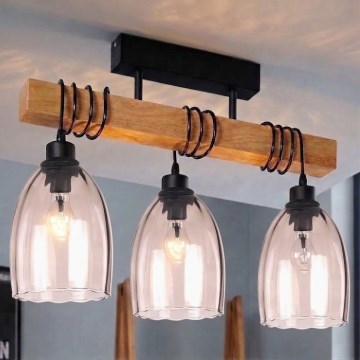 Brilagi - Pritrjen lestenec WOOD GLASS 3xE27/60W/230V borovica/črna/dimni bež