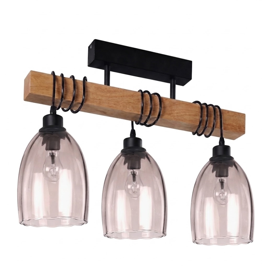 Brilagi - Pritrjen lestenec WOOD GLASS 3xE27/60W/230V borovica/črna/dimni bež