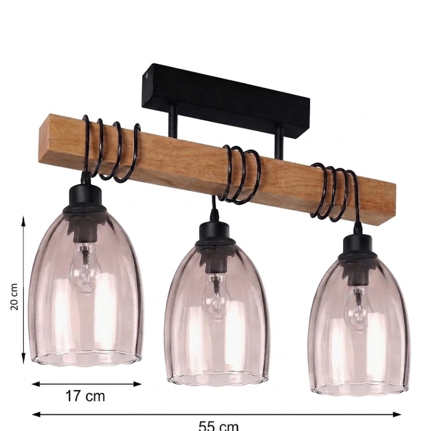 Brilagi - Pritrjen lestenec WOOD GLASS 3xE27/60W/230V borovica/črna/dimni bež