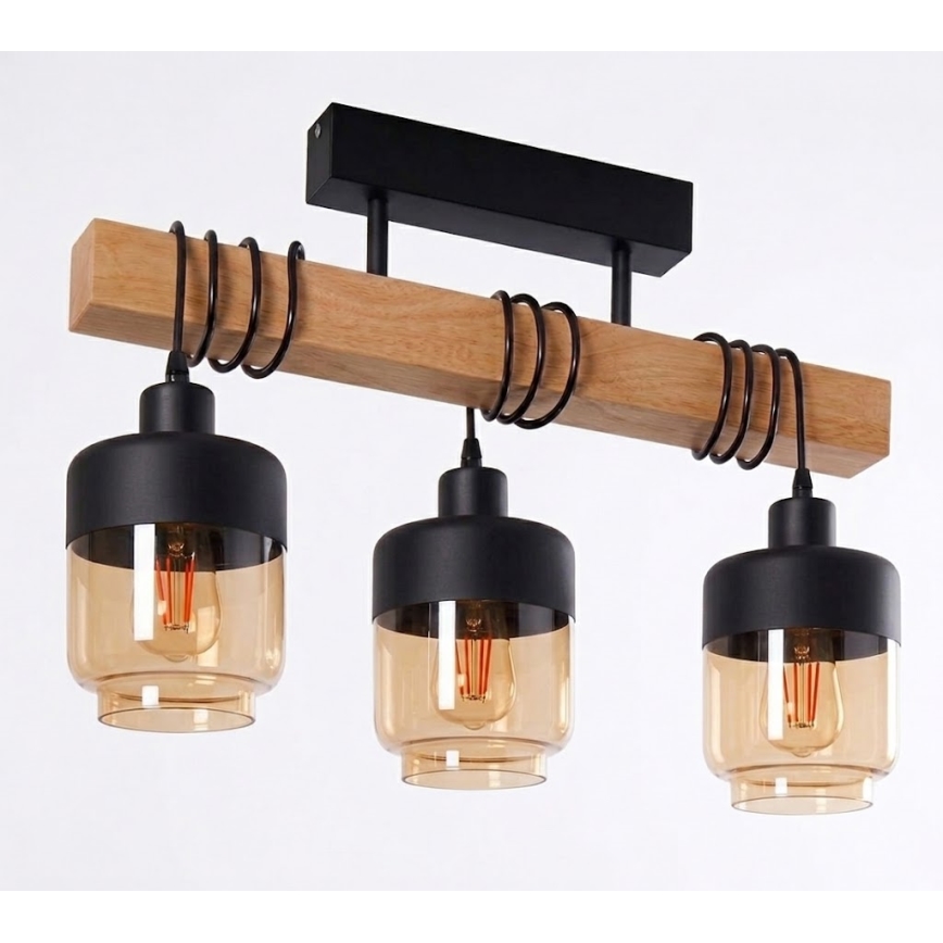 Brilagi - Pritrjen lestenec WOOD GLASS 3xE27/60W/230V borovica/črna/dimna rjava