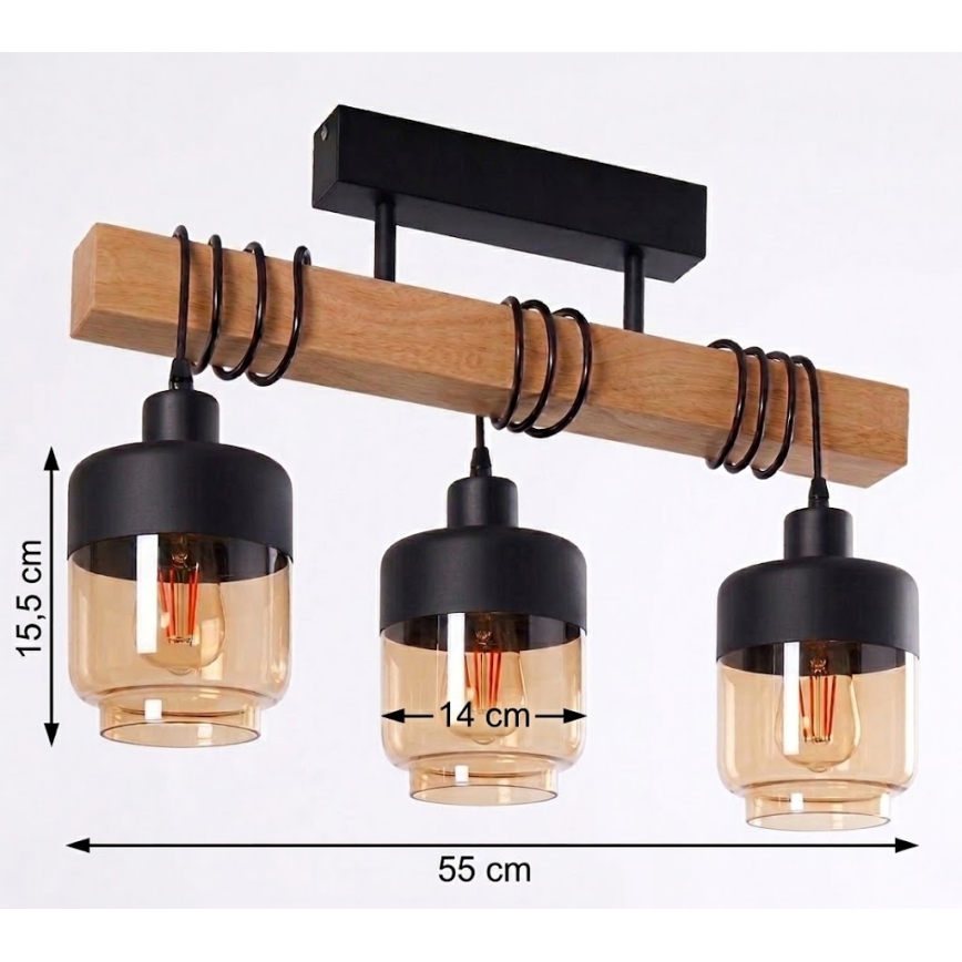 Brilagi - Pritrjen lestenec WOOD GLASS 3xE27/60W/230V borovica/črna/dimna rjava