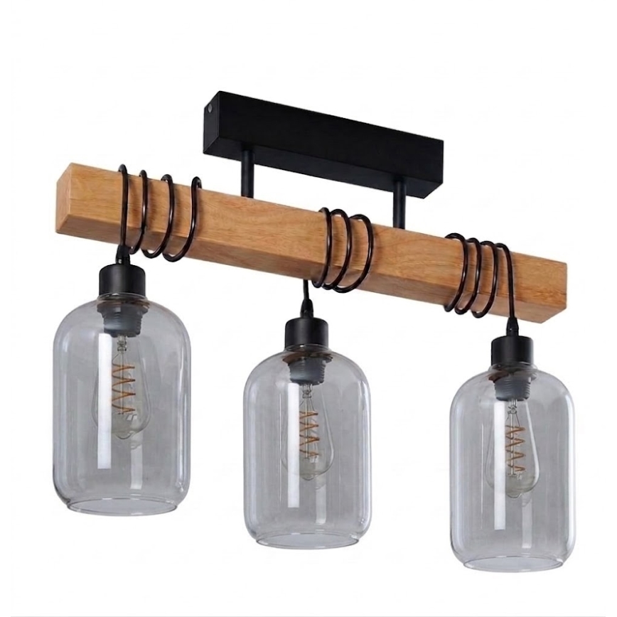 Brilagi - Pritrjen stropni lestenec WOOD GLASS 3xE27/60W/230V borovica/črna/dimno siva
