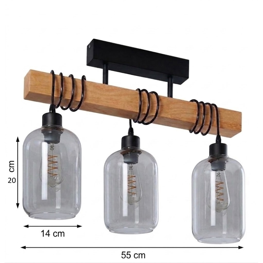 Brilagi - Pritrjen stropni lestenec WOOD GLASS 3xE27/60W/230V borovica/črna/dimno siva