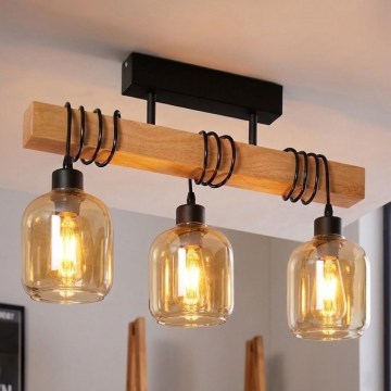 Brilagi - Pritrjen stropni lestenec WOOD GLASS 3xE27/60W/230V bor/črna/dimna rjava