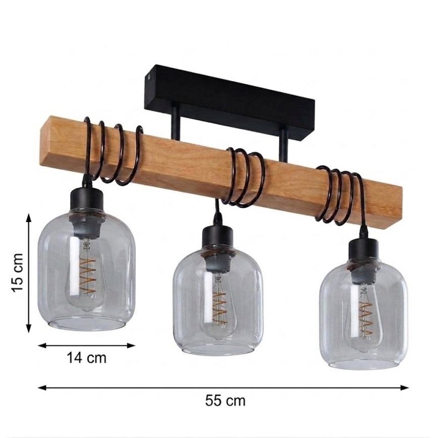Brilagi - Pritrjeni stropni lestenec WOOD GLASS 3xE27/60W/230V borov les/črna/dimno siva