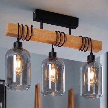 Brilagi - Pritrjen stropni lestenec WOOD GLASS 3xE27/60W/230V borovica/črna/dimno siva