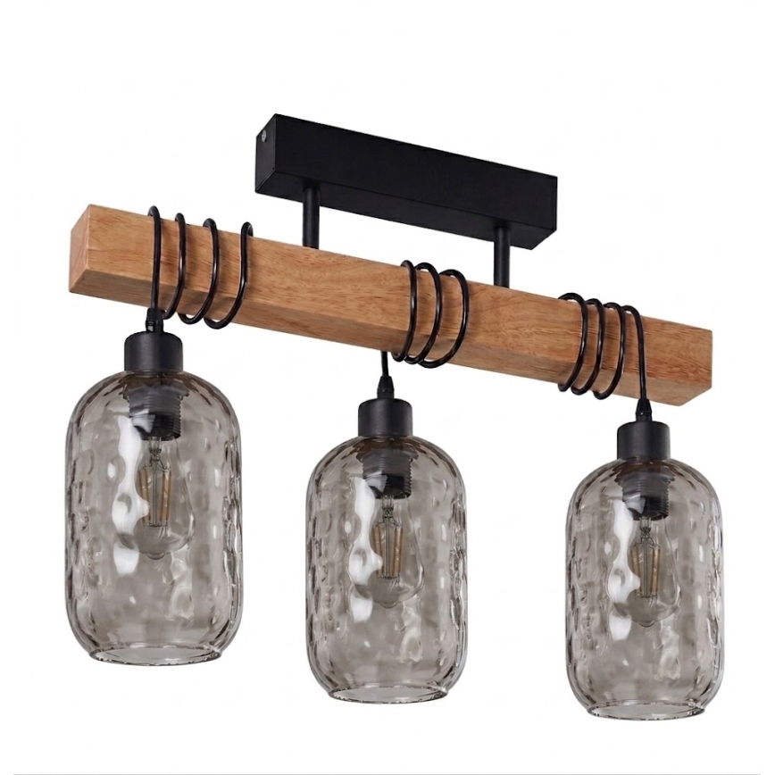 Brilagi - Nadometni lestenec WOOD GLASS 3xE27/60W/230V borovica/črna/dimno siva