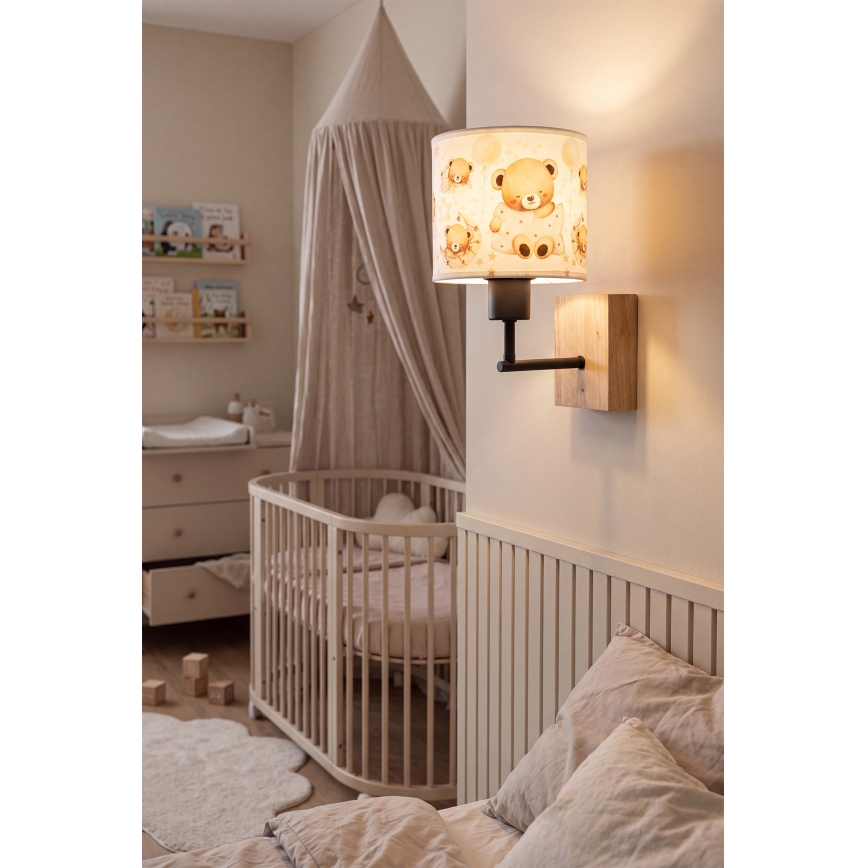 Brilagi - Otroška stenska svetilka BOBO WOOD 1xE27/25W/230V hrast/črna/bela/medvedki