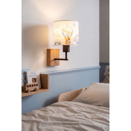 Brilagi - Otroška stenska svetilka BOBO WOOD 1xE27/25W/230V hrast/črna/bela/modra/medvedki