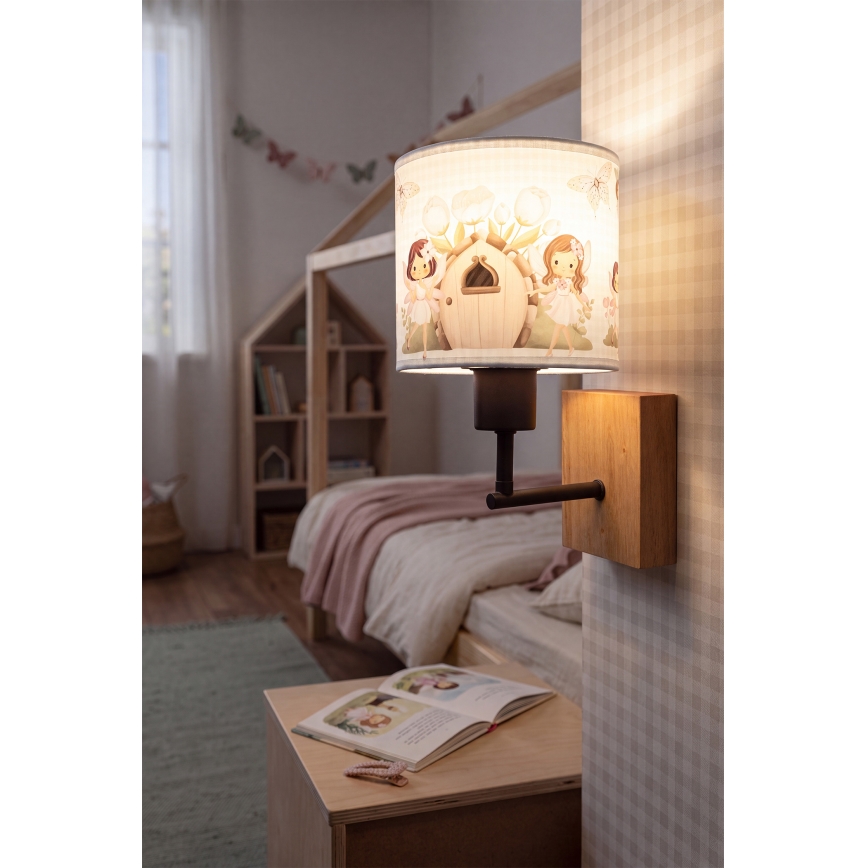 Brilagi - Otroška stenska svetilka BOBO WOOD 1xE27/25W/230V hrast/črna/bela/rožnata/vile
