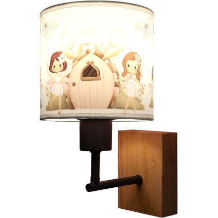 Brilagi - Otroška stenska svetilka BOBO WOOD 1xE27/25W/230V hrast/črna/bela/rožnata/vile