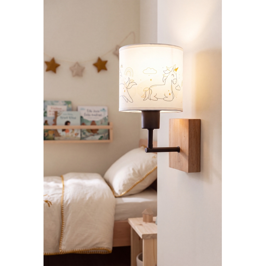 Brilagi - Otroška stenska svetilka BOBO WOOD 1xE27/25W/230V hrast/črna/bela/s motivom samorogov