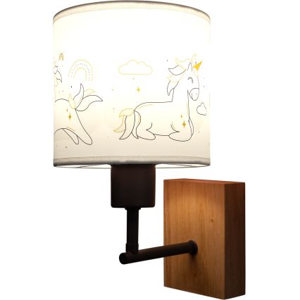 Brilagi - Otroška stenska svetilka BOBO WOOD 1xE27/25W/230V hrast/črna/bela/s motivom samorogov