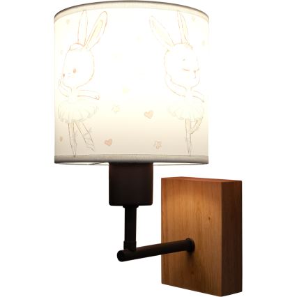 Brilagi - Otroška stenska svetilka BOBO WOOD 1xE27/25W/230V hrast/črna/bela/zajčki