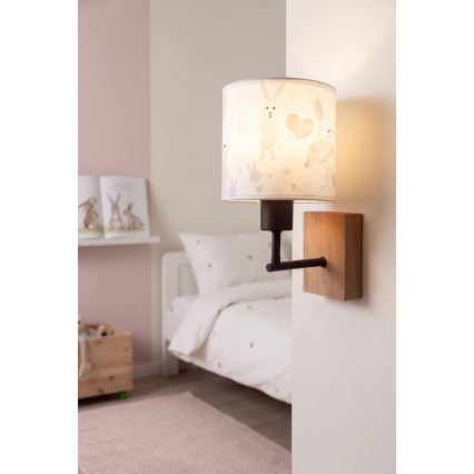 Brilagi - Otroška stenska svetilka BOBO WOOD 1xE27/25W/230V hrast/črna/bela/zajčki