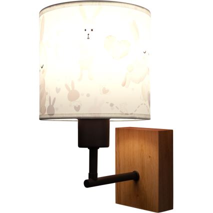 Brilagi - Otroška stenska svetilka BOBO WOOD 1xE27/25W/230V hrast/črna/bela/zajčki