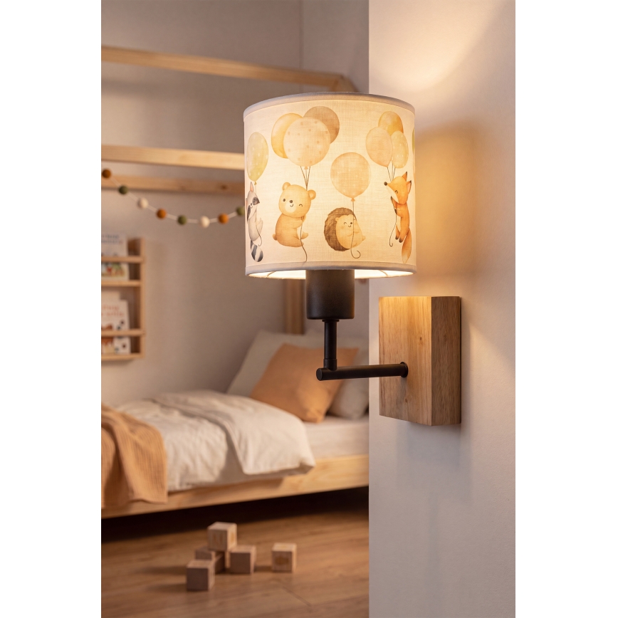 Brilagi - Otroška stenska svetilka BOBO WOOD 1xE27/25W/230V hrast/črna/bela/živalski motivi