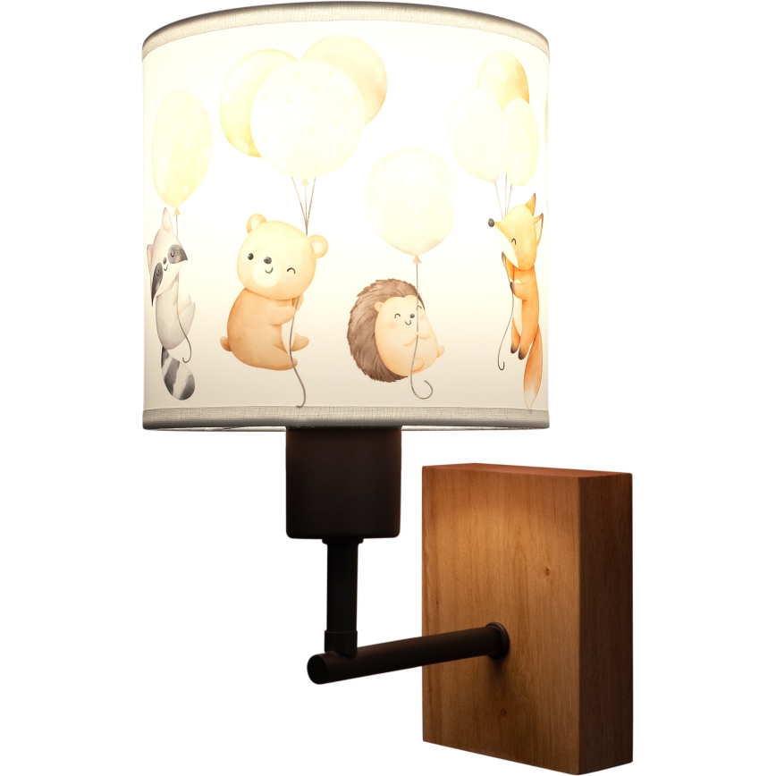 Brilagi - Otroška stenska svetilka BOBO WOOD 1xE27/25W/230V hrast/črna/bela/živalski motivi