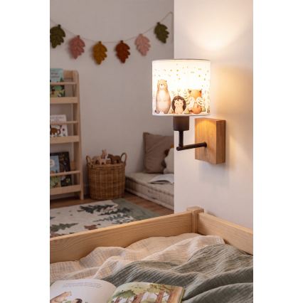 Brilagi - Otroška stenska svetilka BOBO WOOD 1xE27/25W/230V hrast/črna/bela/živalski motiv