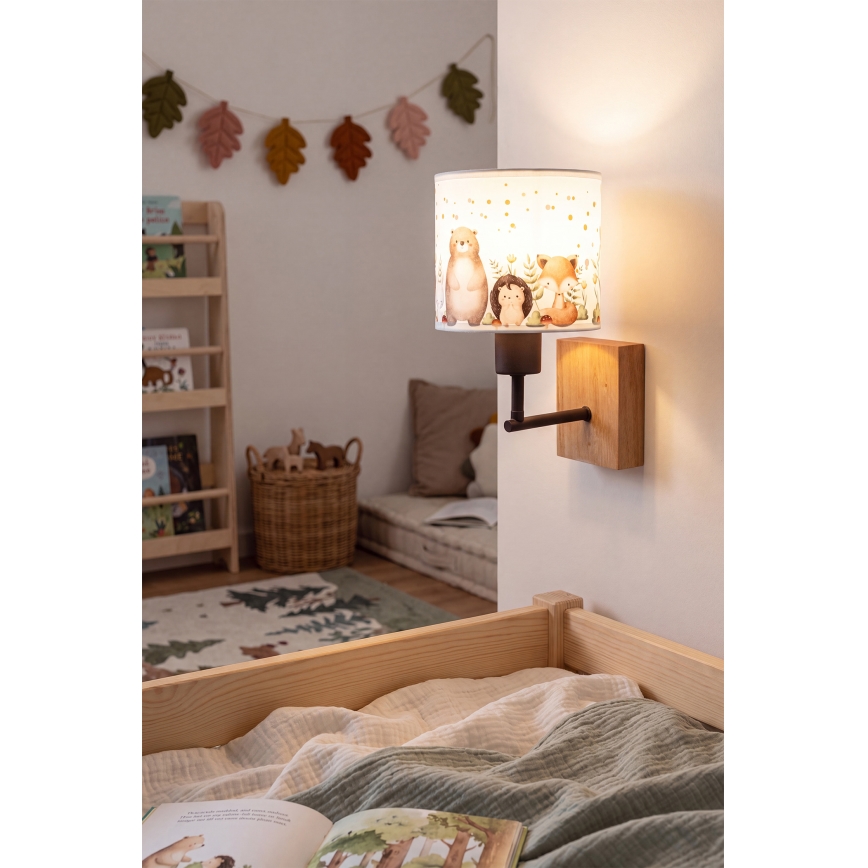 Brilagi - Otroška stenska svetilka BOBO WOOD 1xE27/25W/230V hrast/črna/bela/živalski motiv