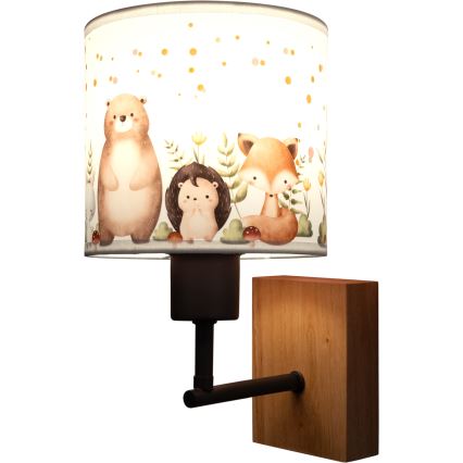 Brilagi - Otroška stenska svetilka BOBO WOOD 1xE27/25W/230V hrast/črna/bela/živalski motiv