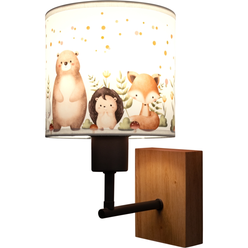 Brilagi - Otroška stenska svetilka BOBO WOOD 1xE27/25W/230V hrast/črna/bela/živalski motiv