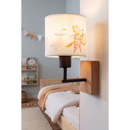 Brilagi - Otroška stenska svetilka BOBO WOOD 1xE27/25W/230V hrast/črna/bela/z živalskimi motivi