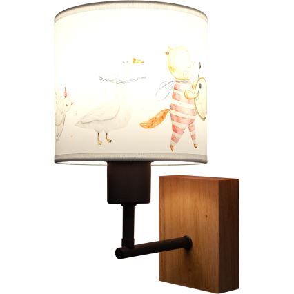 Brilagi - Otroška stenska svetilka BOBO WOOD 1xE27/25W/230V hrast/črna/bela/z živalskimi motivi