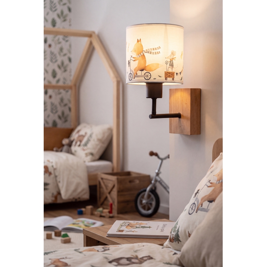 Brilagi - Otroška stenska svetilka BOBO WOOD 1xE27/25W/230V hrast/črna/bela/živalski motiv