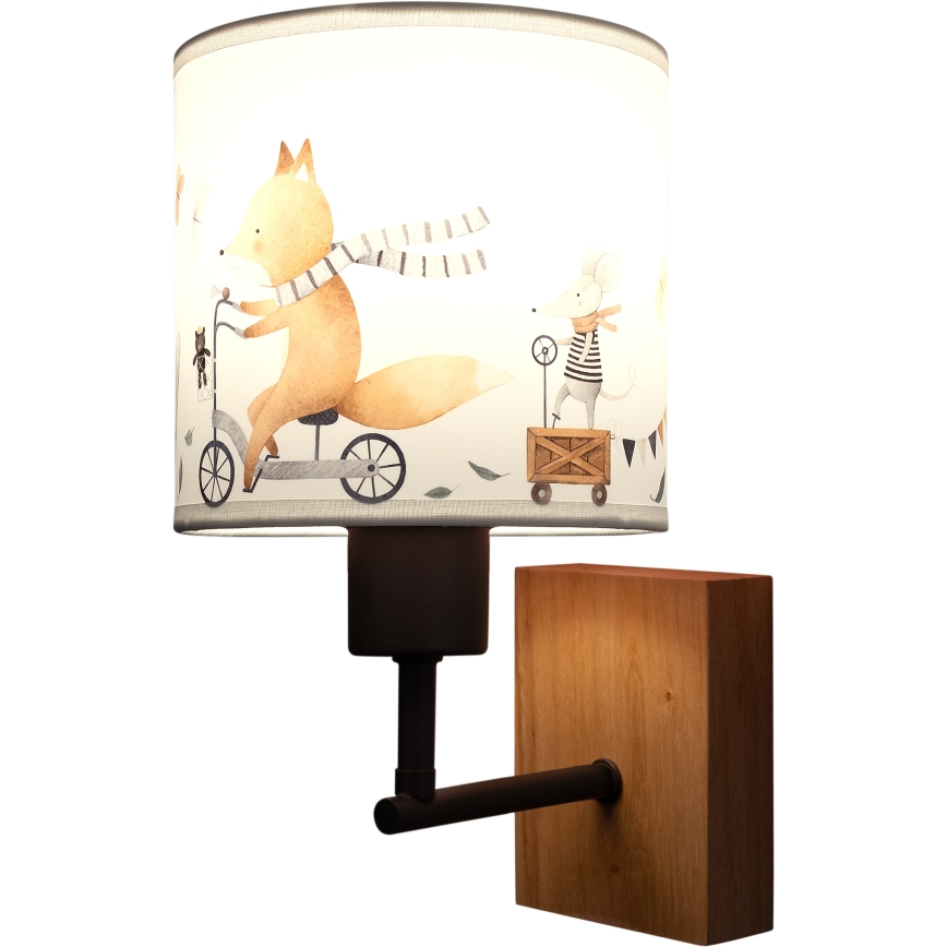 Brilagi - Otroška stenska svetilka BOBO WOOD 1xE27/25W/230V hrast/črna/bela/živalski motiv