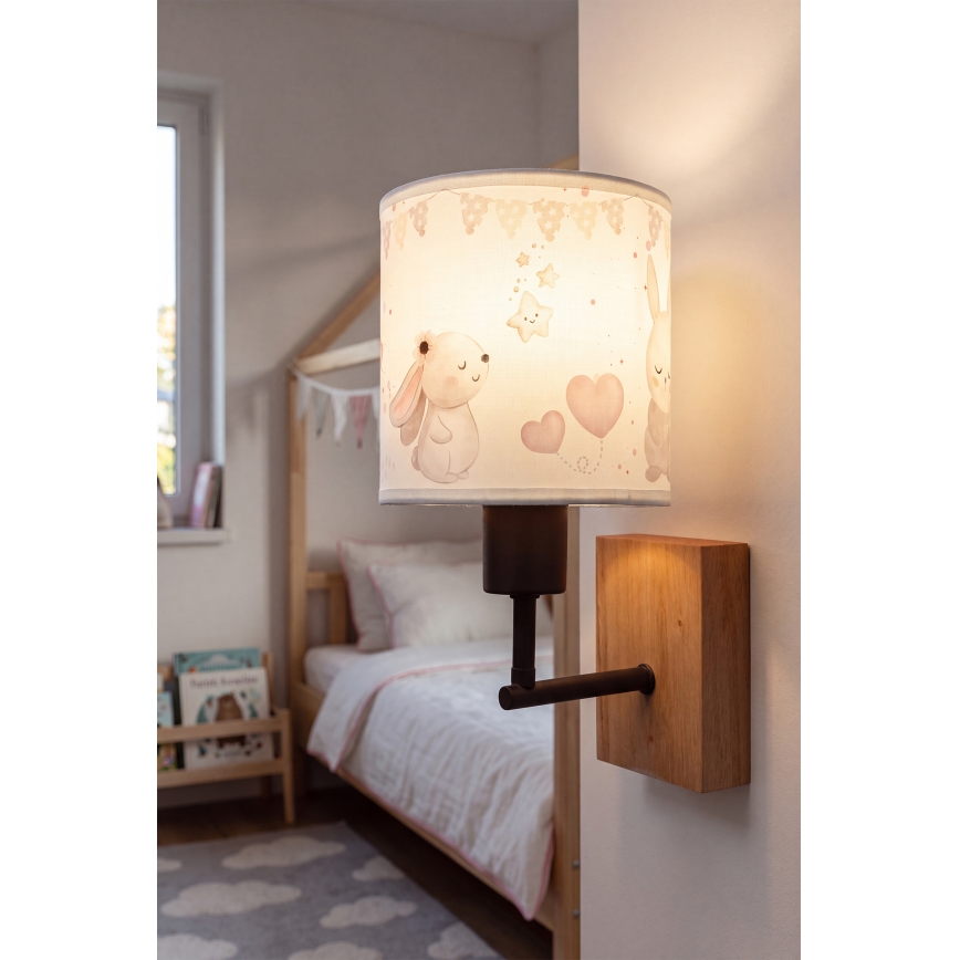 Brilagi - Otroška stenska svetilka BOBO WOOD 1xE27/25W/230V hrast/črna/kremna/zajčki