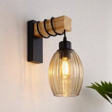 Brilagi - Stenska svetilka WOOD GLASS 1xE27/60W/230V borovica/črna/dimasta bež