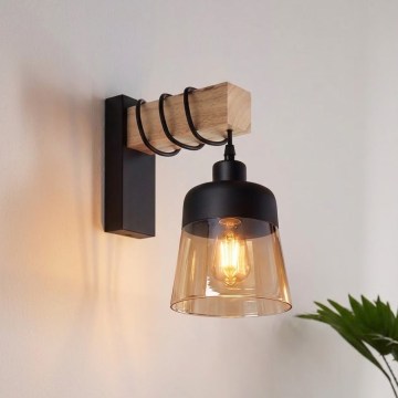 Brilagi - Stenska svetilka WOOD GLASS 1xE27/60W/230V borovica/črna/dimljeno rjava