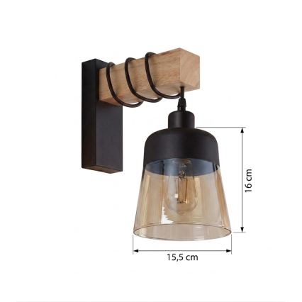 Brilagi - Stenska svetilka WOOD GLASS 1xE27/60W/230V borovica/črna/dimljeno rjava