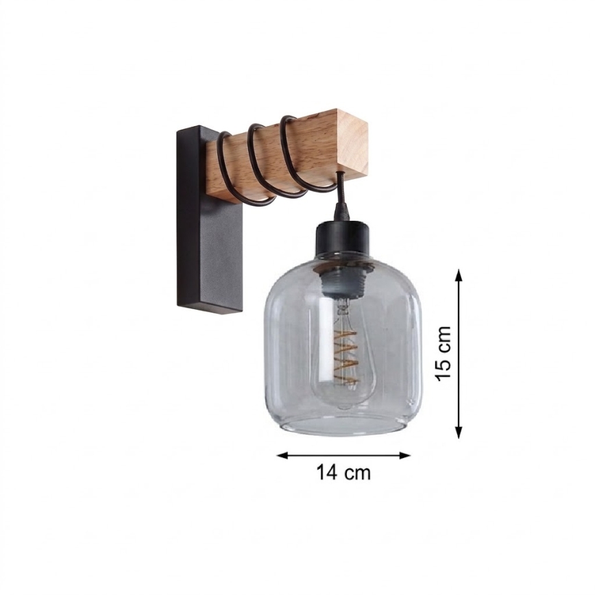 Brilagi - Stenska svetilka WOOD GLASS 1xE27/60W/230V borovinska/črna/dimno siva
