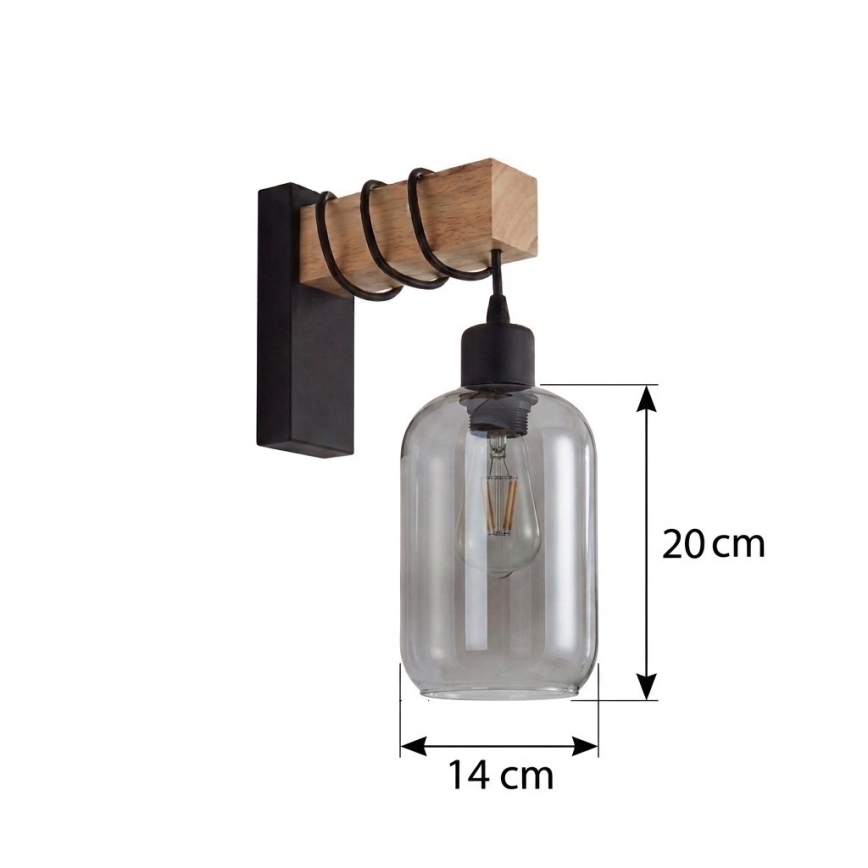 Brilagi - Stenska svetilka WOOD GLASS 1xE27/60W/230V borovica/črna/dimno siva