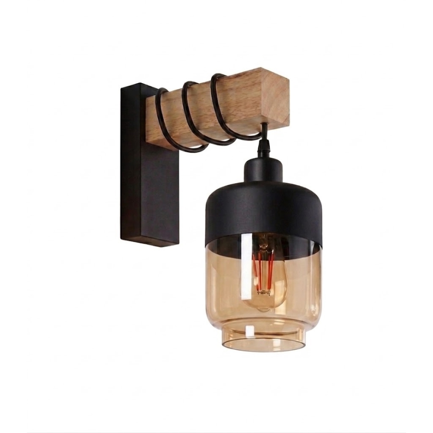 Brilagi - Stenska svetilka WOOD GLASS 1xE27/60W/230V borovina/črna/dimna rjava