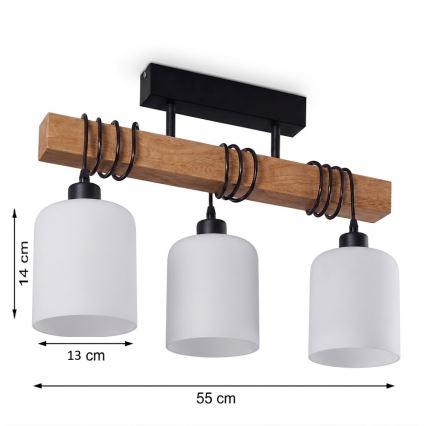 Brilagi - Stropna pritrjena svetilka WOOD GLASS 3xE27/60W/230V borovina/črna/bela
